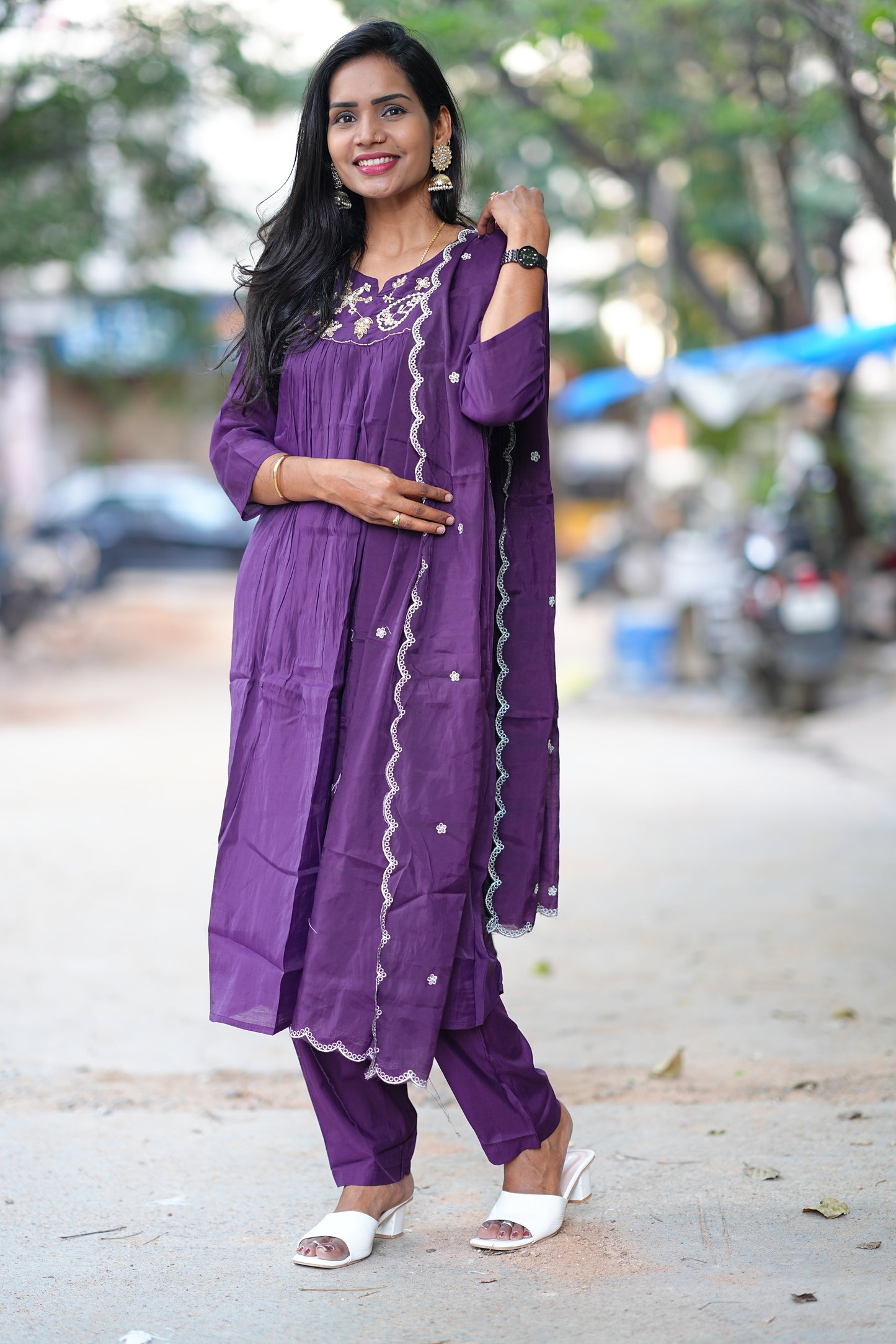 Purple Color Mul Chanderi Festive Wear Anarkali 3 Piece Set