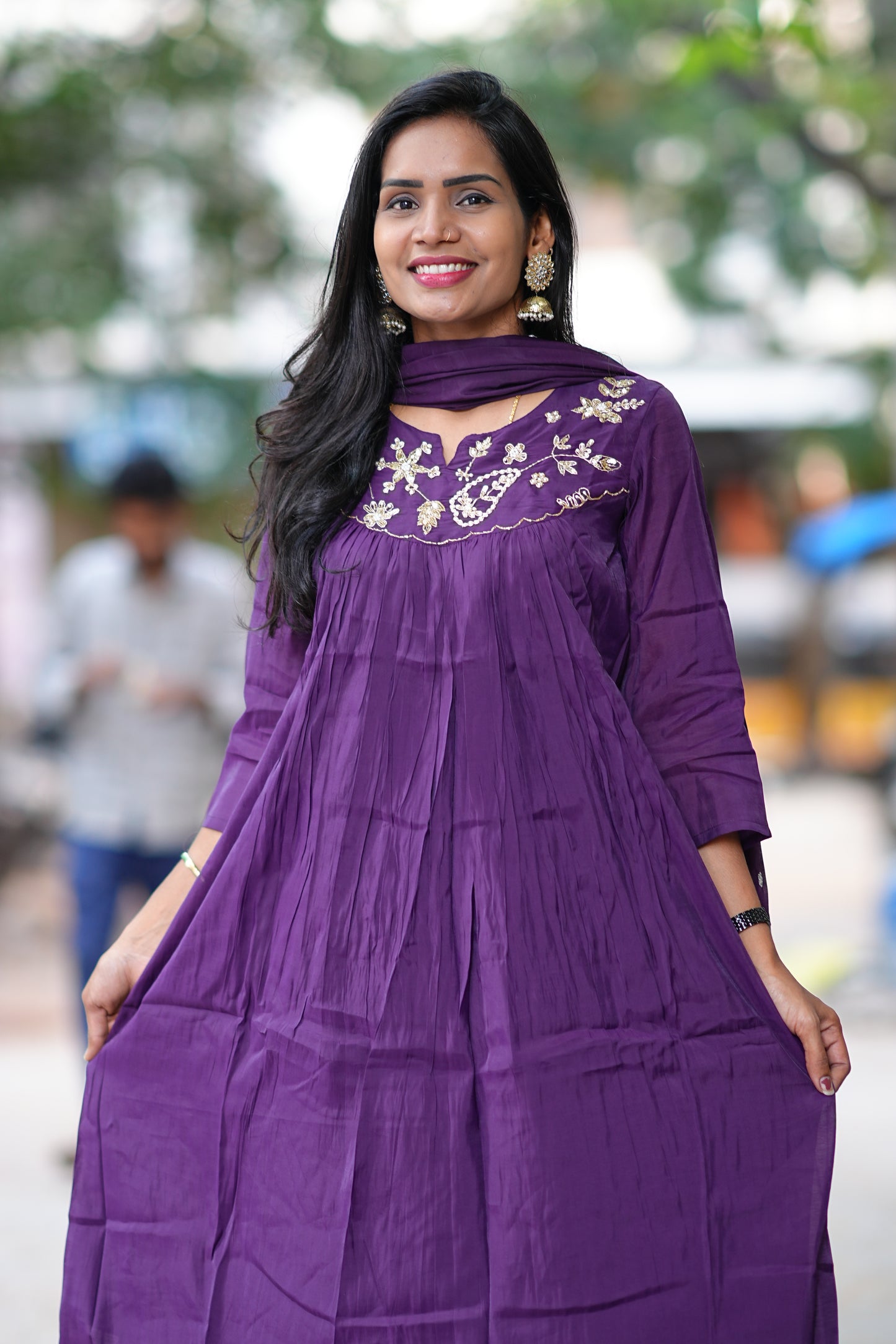 Purple Color Mul Chanderi Festive Wear Anarkali 3 Piece Set