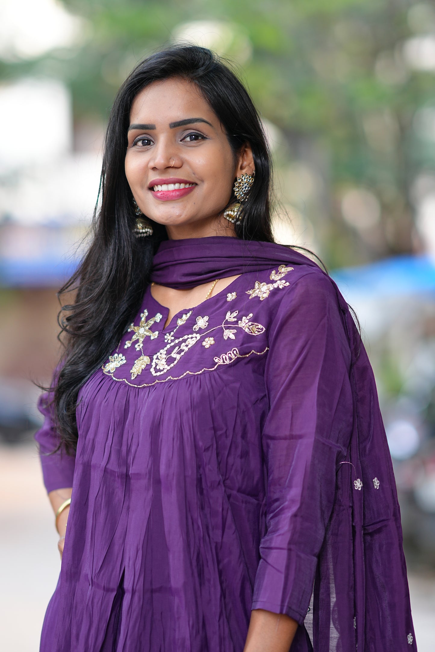 Purple Color Mul Chanderi Festive Wear Anarkali 3 Piece Set