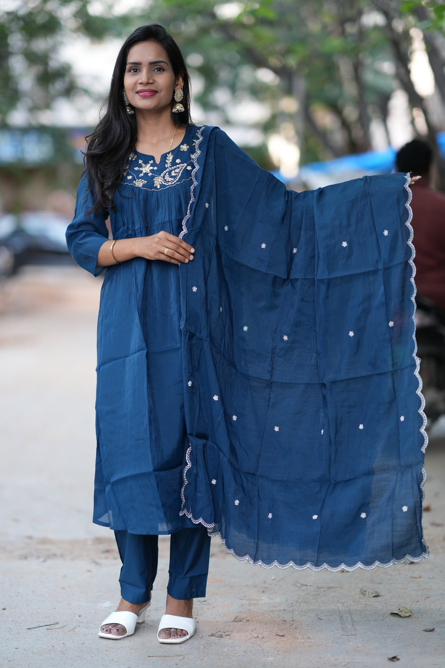 Blue Color Mul Chanderi Festive Wear Anarkali 3 Piece Set