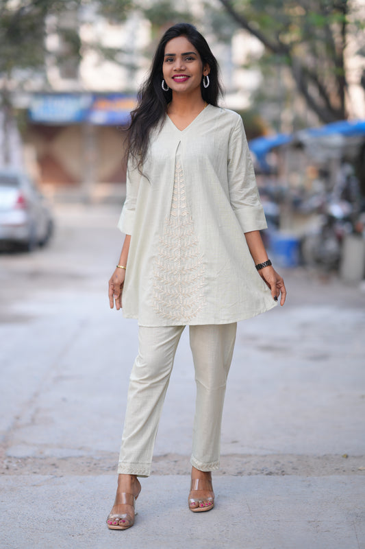 White Color Jaipur Cotton Cordset With Embroidery Work