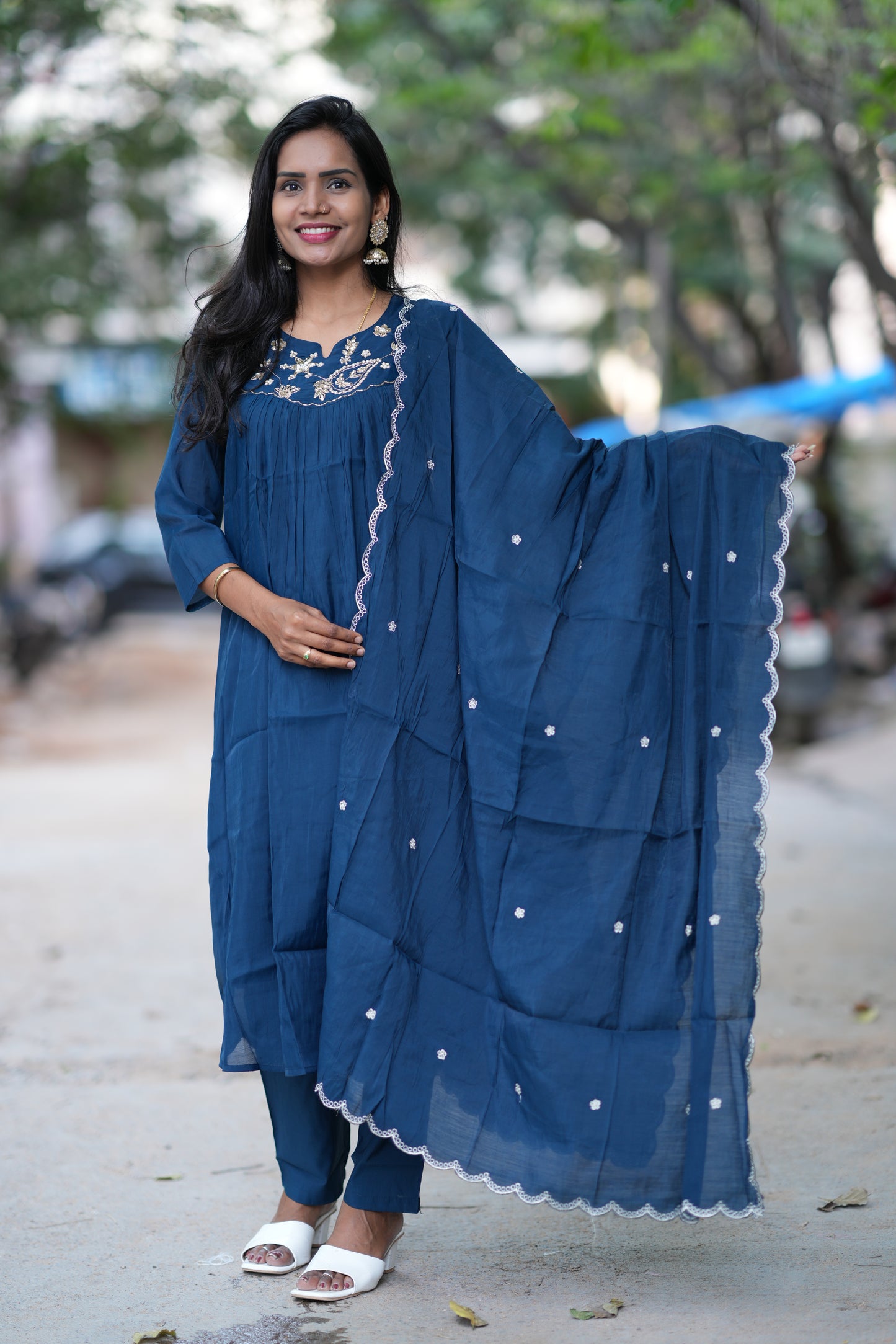 Blue Color Mul Chanderi Festive Wear Anarkali 3 Piece Set