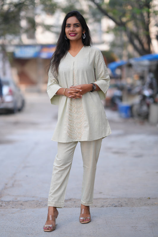 White Color Jaipur Cotton Cordset With Embroidery Work