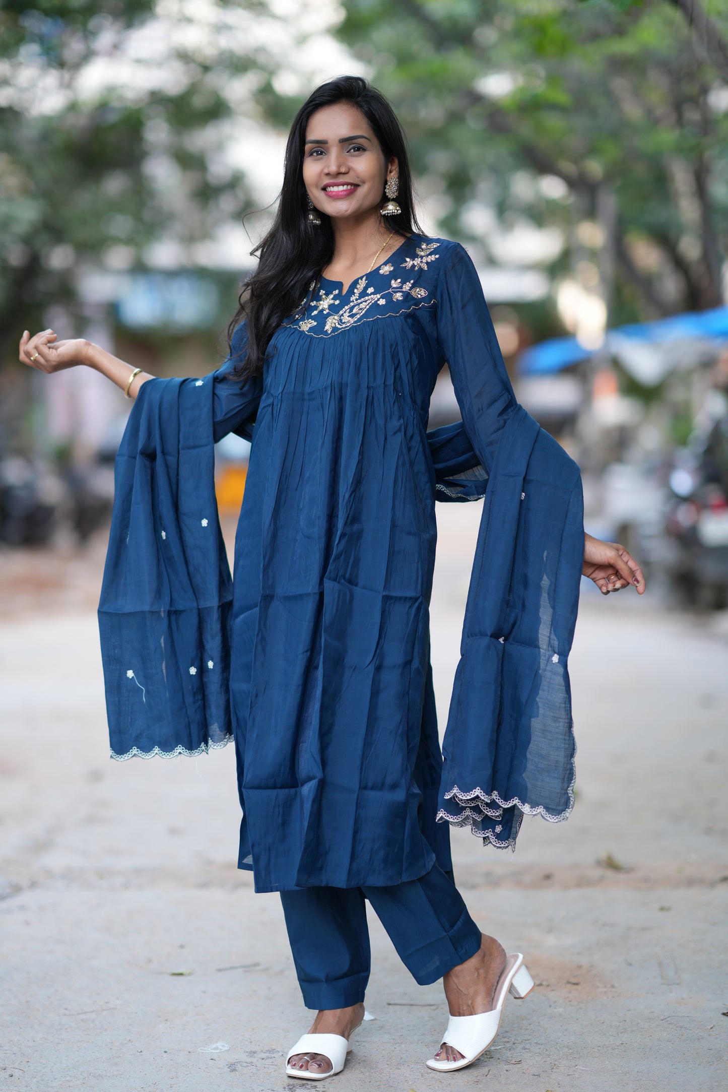 Blue Color Mul Chanderi Festive Wear Anarkali 3 Piece Set