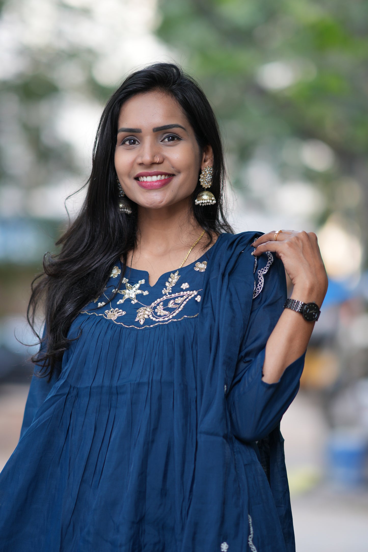 Blue Color Mul Chanderi Festive Wear Anarkali 3 Piece Set