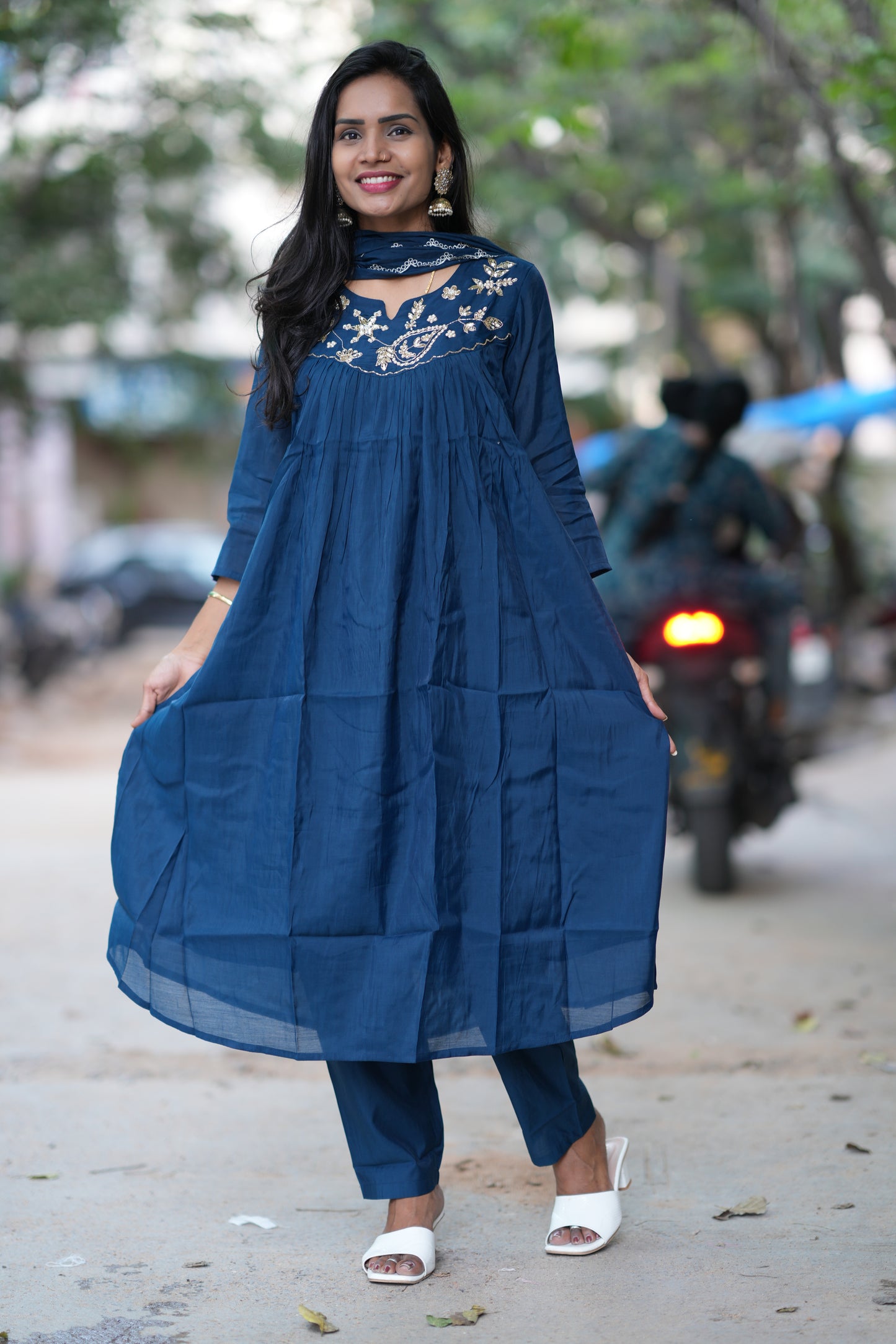 Blue Color Mul Chanderi Festive Wear Anarkali 3 Piece Set