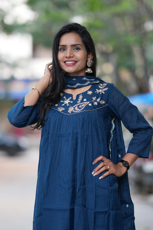 Blue Color Mul Chanderi Festive Wear Anarkali 3 Piece Set