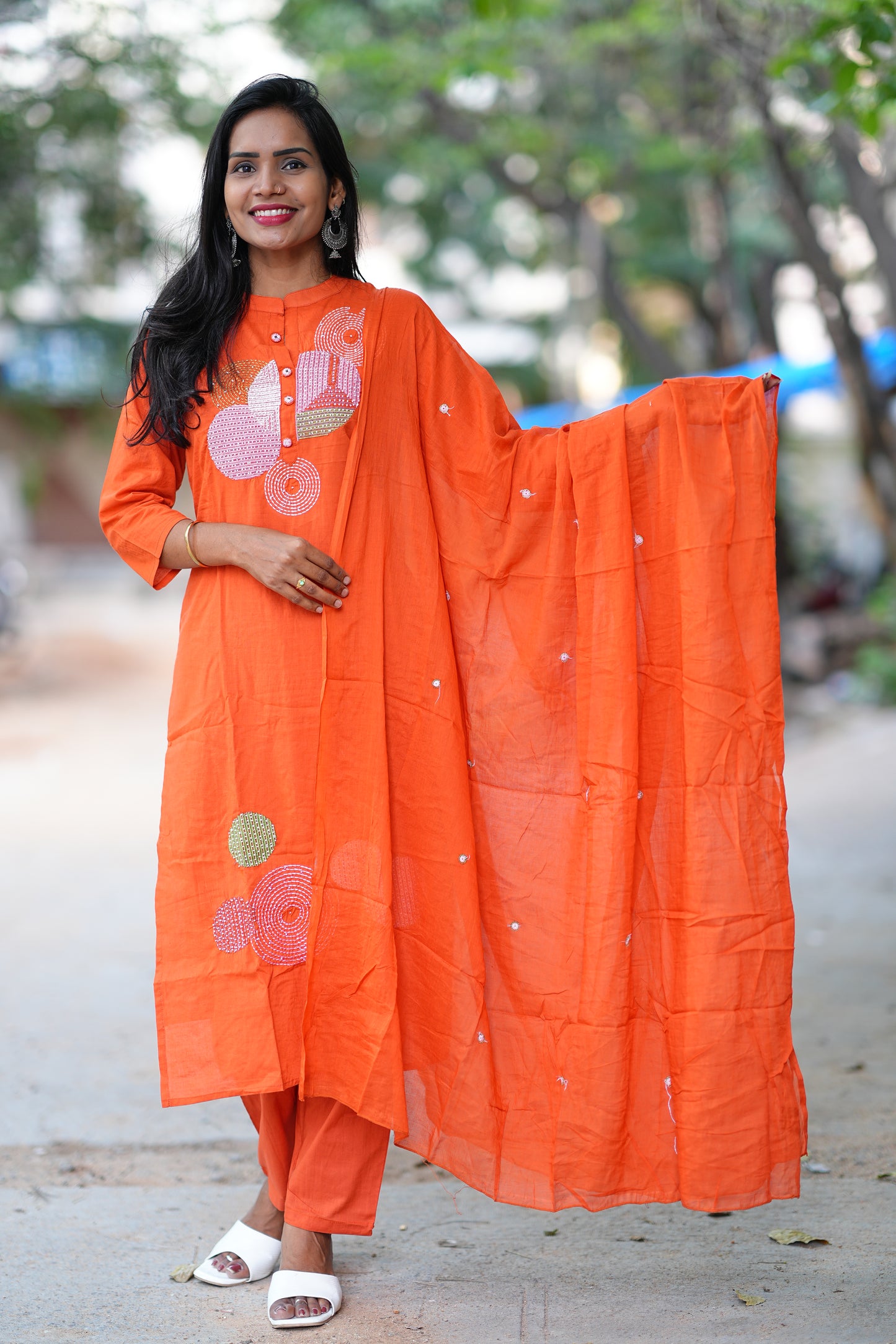 Orange Color Jaipur Cotton Desginer Wear 3 Piece Set