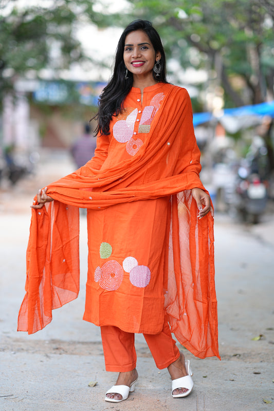 Orange Color Jaipur Cotton Desginer Wear 3 Piece Set