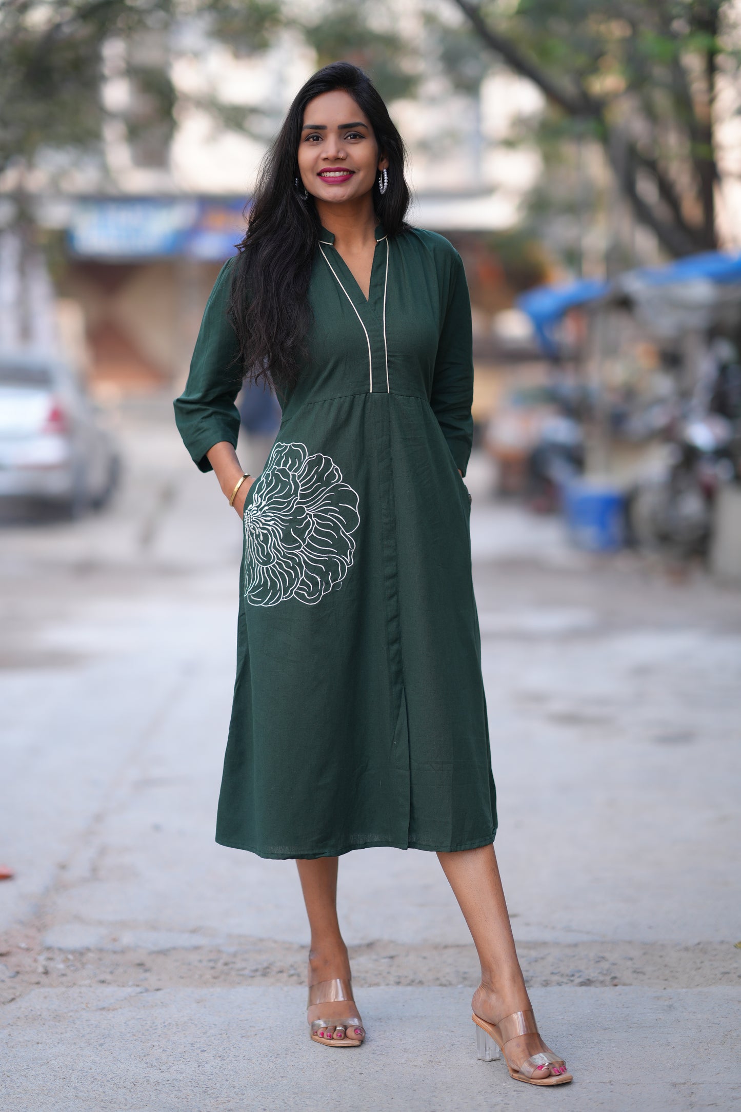 Jaipur Cotton Green Color Frock With Frock and Embroidery Work