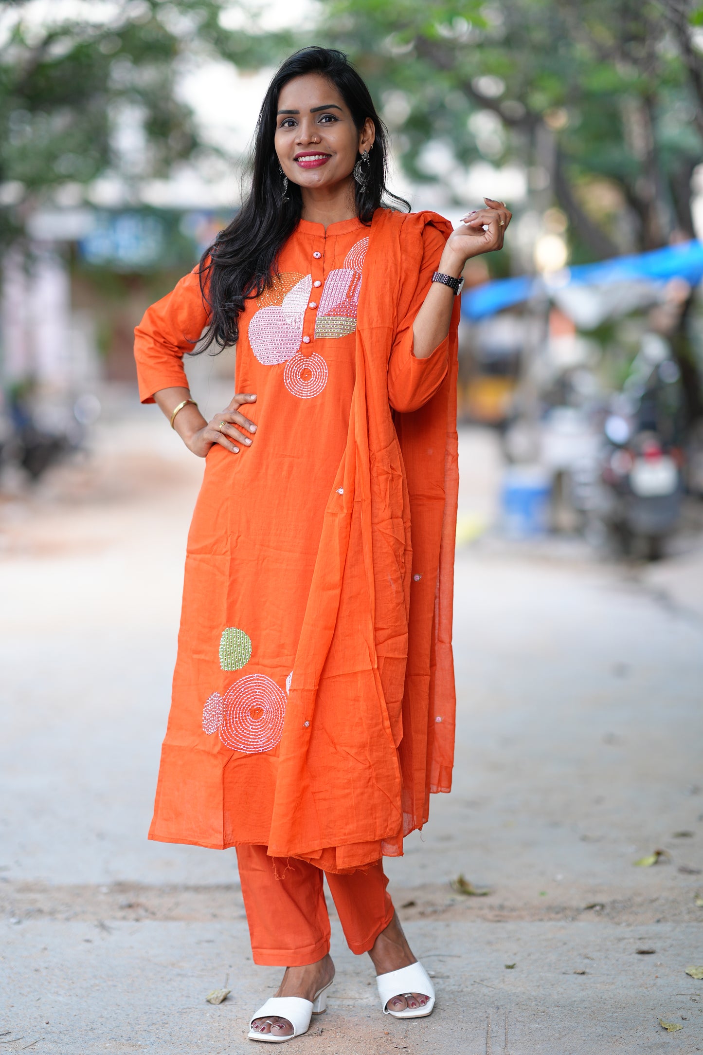 Orange Color Jaipur Cotton Desginer Wear 3 Piece Set