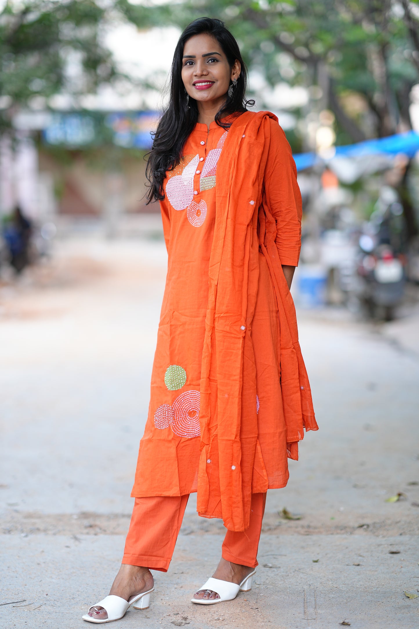 Orange Color Jaipur Cotton Desginer Wear 3 Piece Set