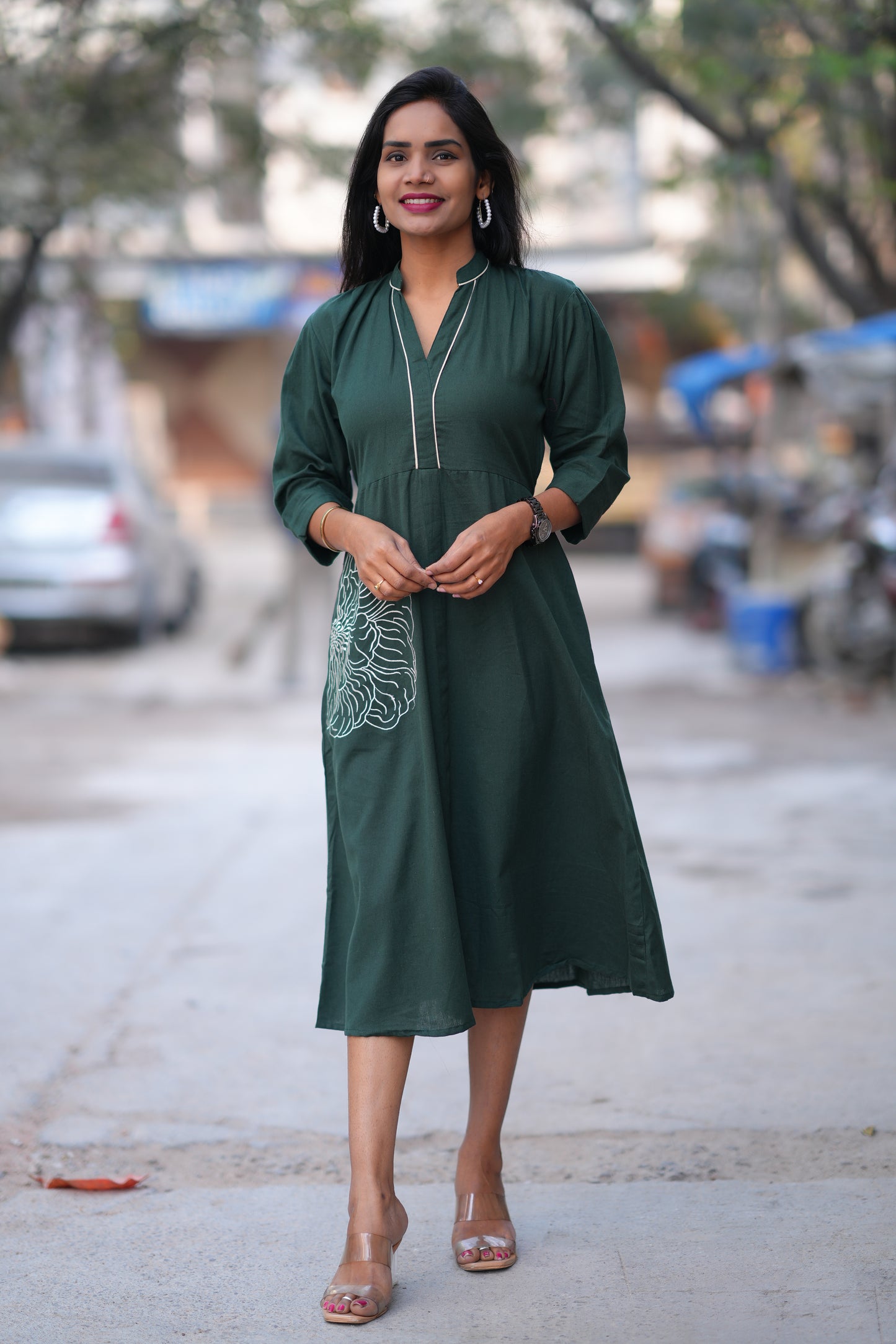 Jaipur Cotton Green Color Frock With Frock and Embroidery Work