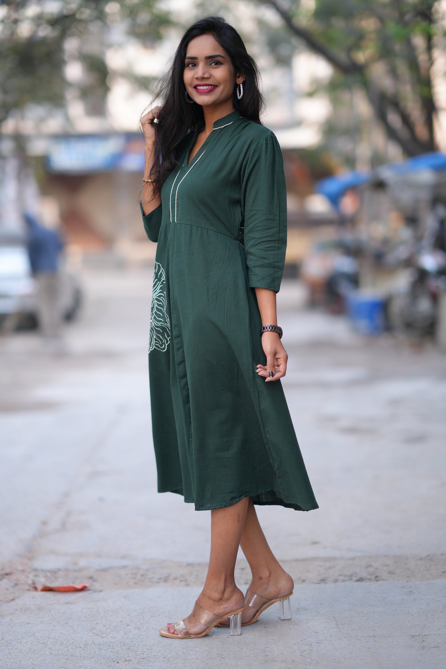 Jaipur Cotton Green Color Frock With Frock and Embroidery Work