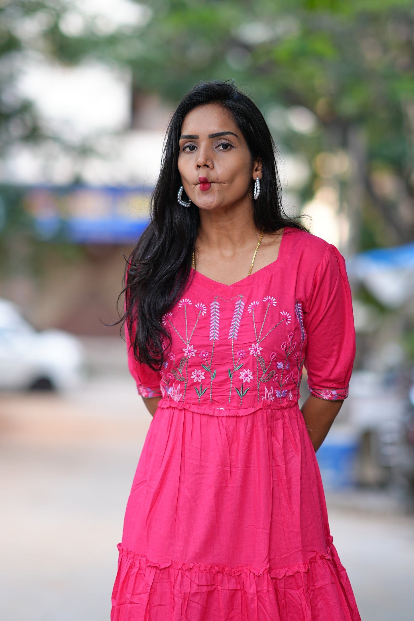 Rani Pink Color Mul Mul Cotton Frok With Thread Work and Complete Lining