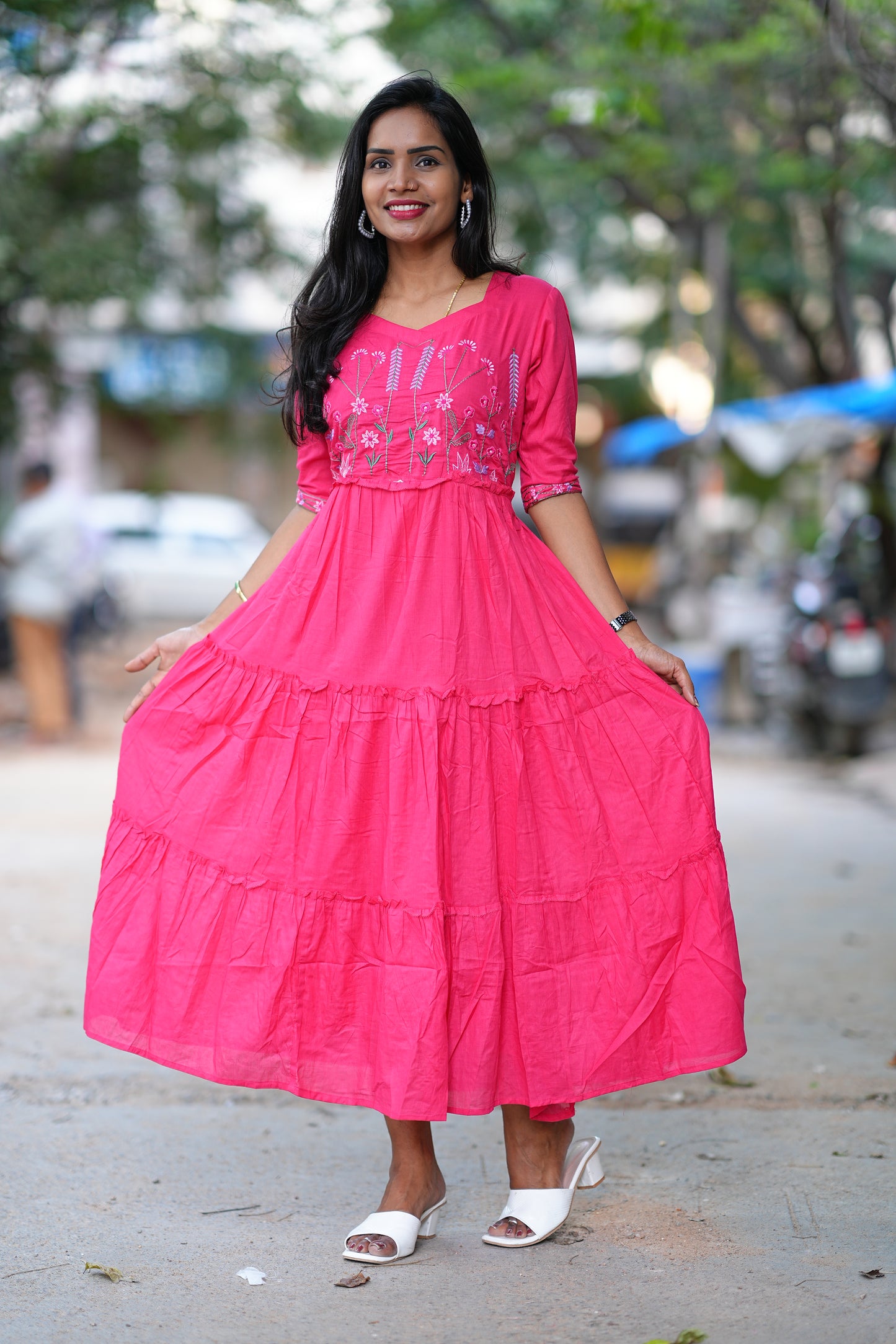 Rani Pink Color Mul Mul Cotton Frok With Thread Work and Complete Lining