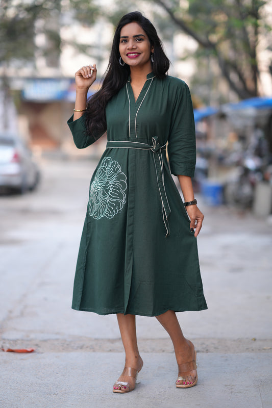 Jaipur Cotton Green Color Frock With Frock and Embroidery Work