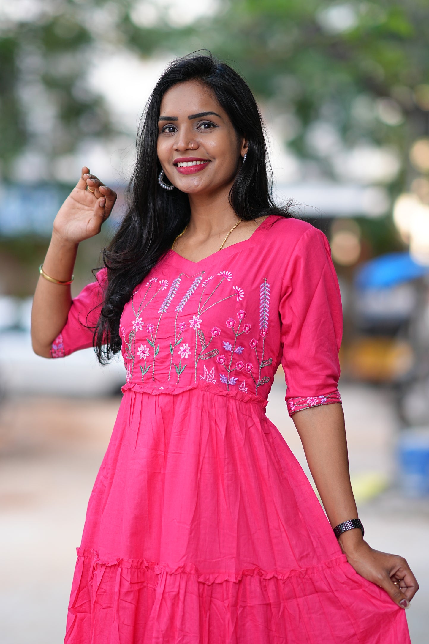 Rani Pink Color Mul Mul Cotton Frok With Thread Work and Complete Lining