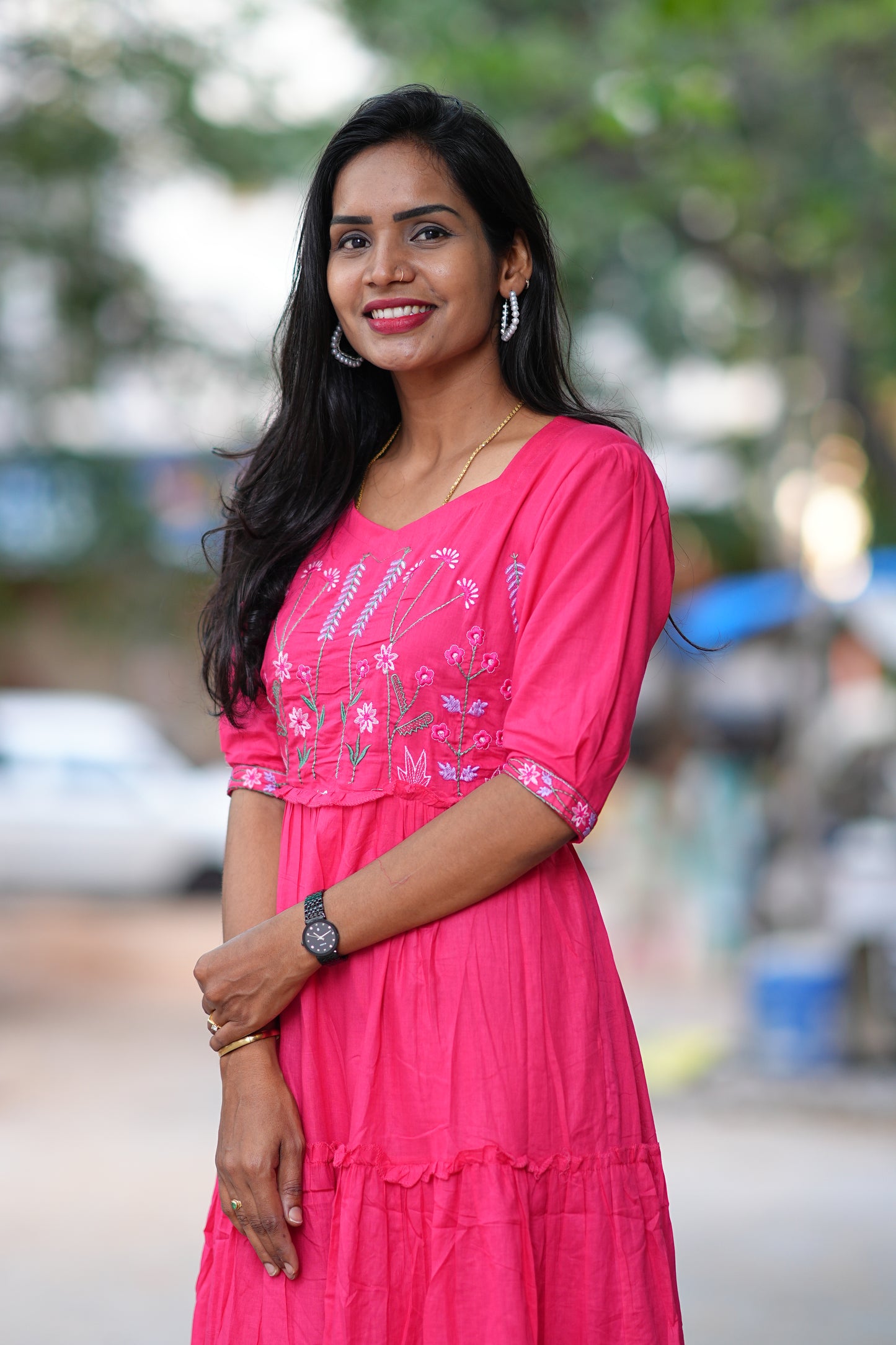 Rani Pink Color Mul Mul Cotton Frok With Thread Work and Complete Lining