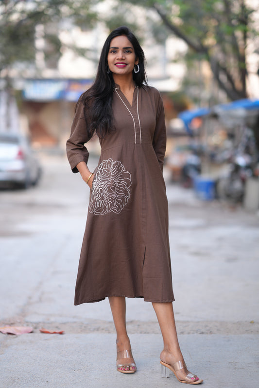 Jaipur Cotton Brown Color Frock With Frock and Embroidery Work