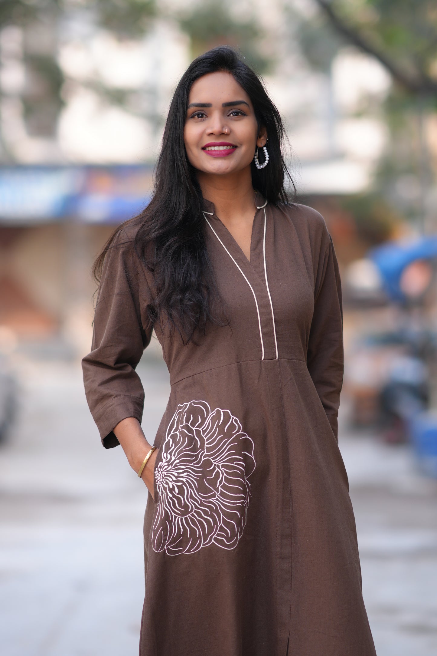 Jaipur Cotton Brown Color Frock With Frock and Embroidery Work