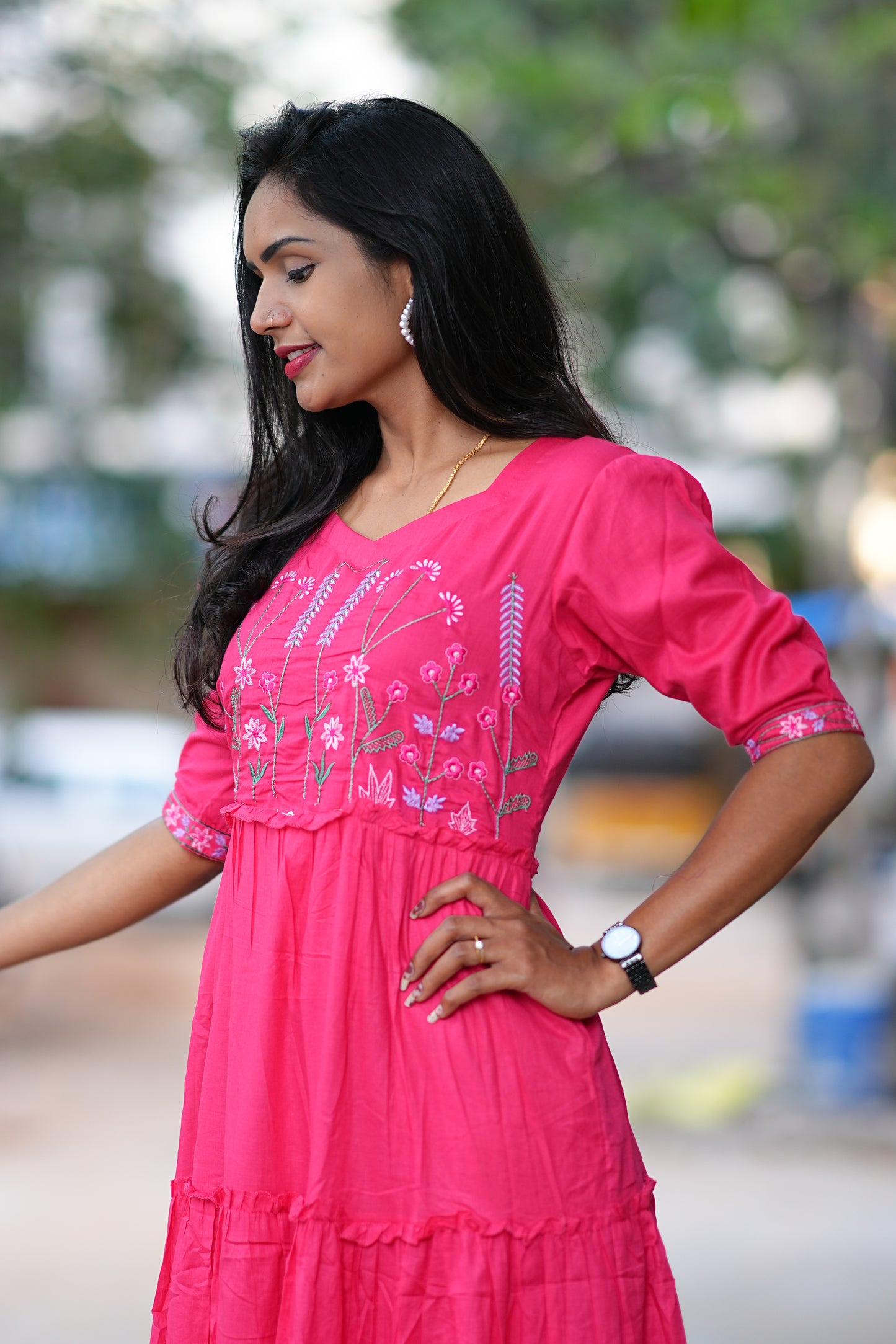 Rani Pink Color Mul Mul Cotton Frok With Thread Work and Complete Lining