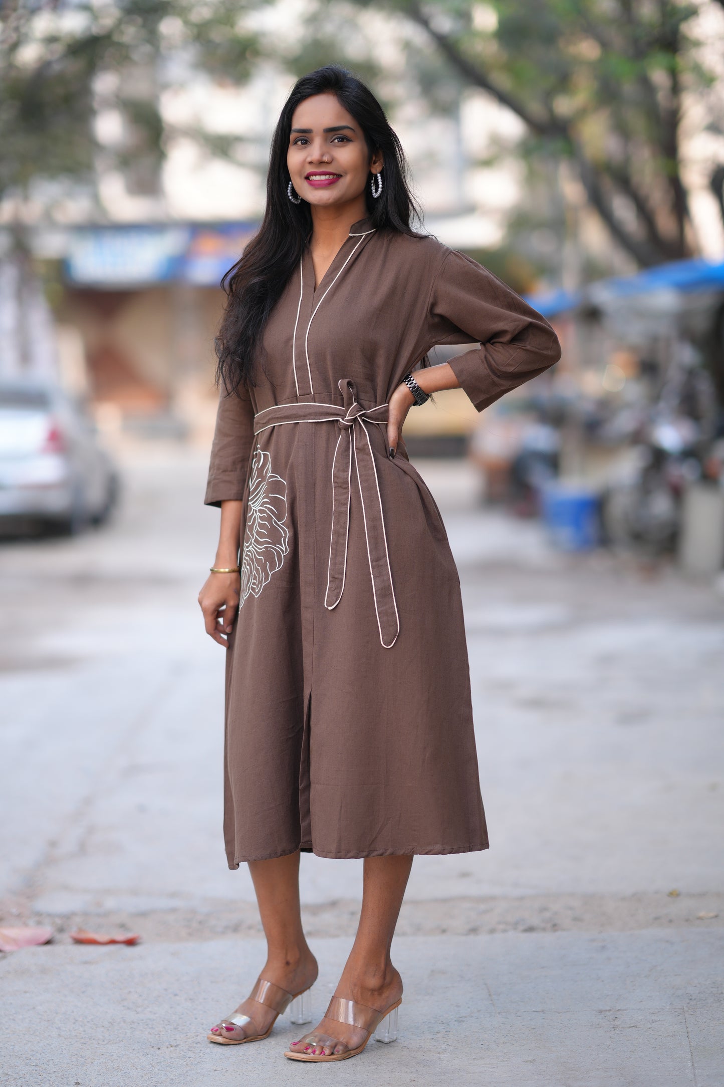 Jaipur Cotton Brown Color Frock With Frock and Embroidery Work