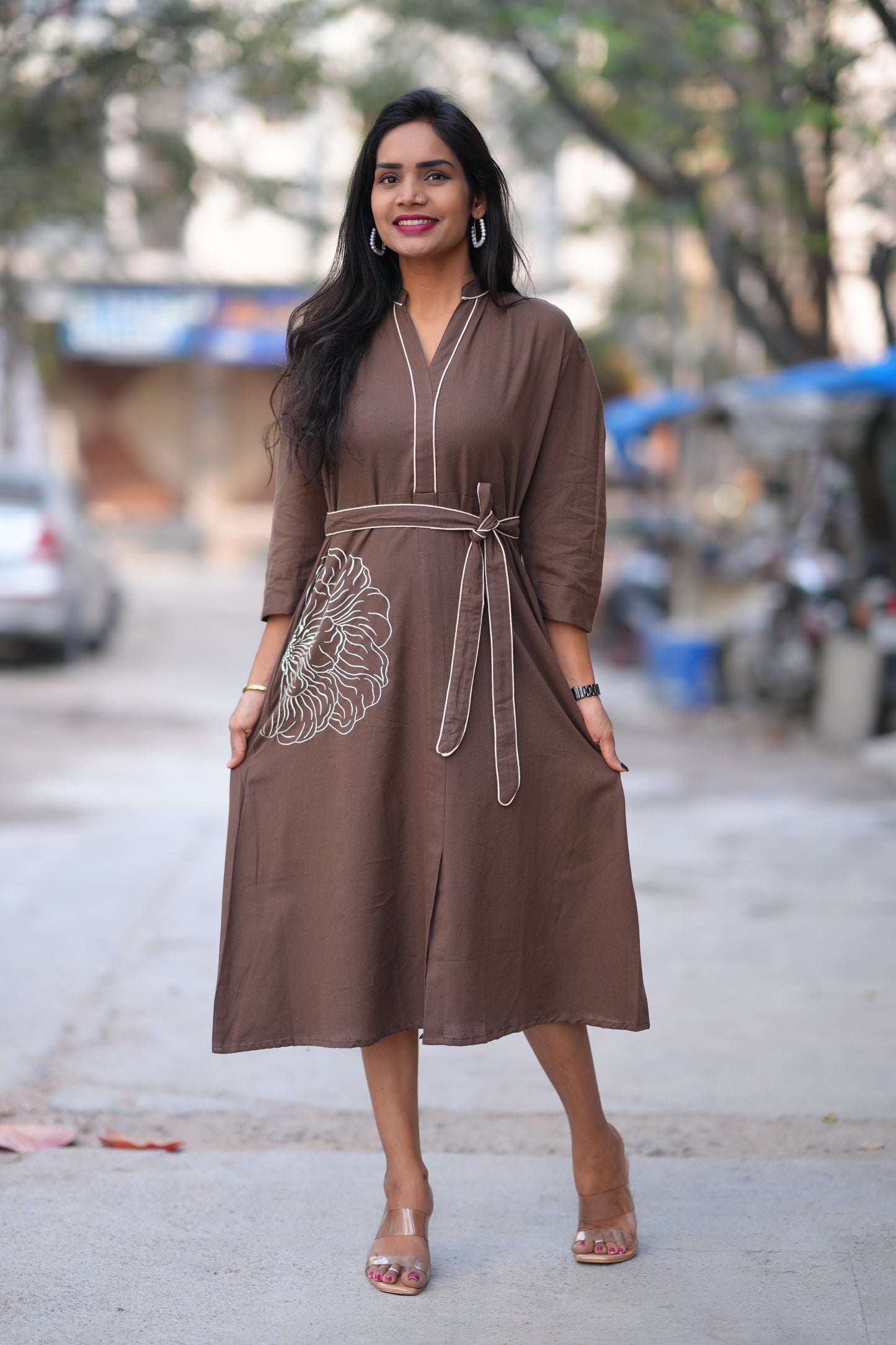 Jaipur Cotton Brown Color Frock With Frock and Embroidery Work