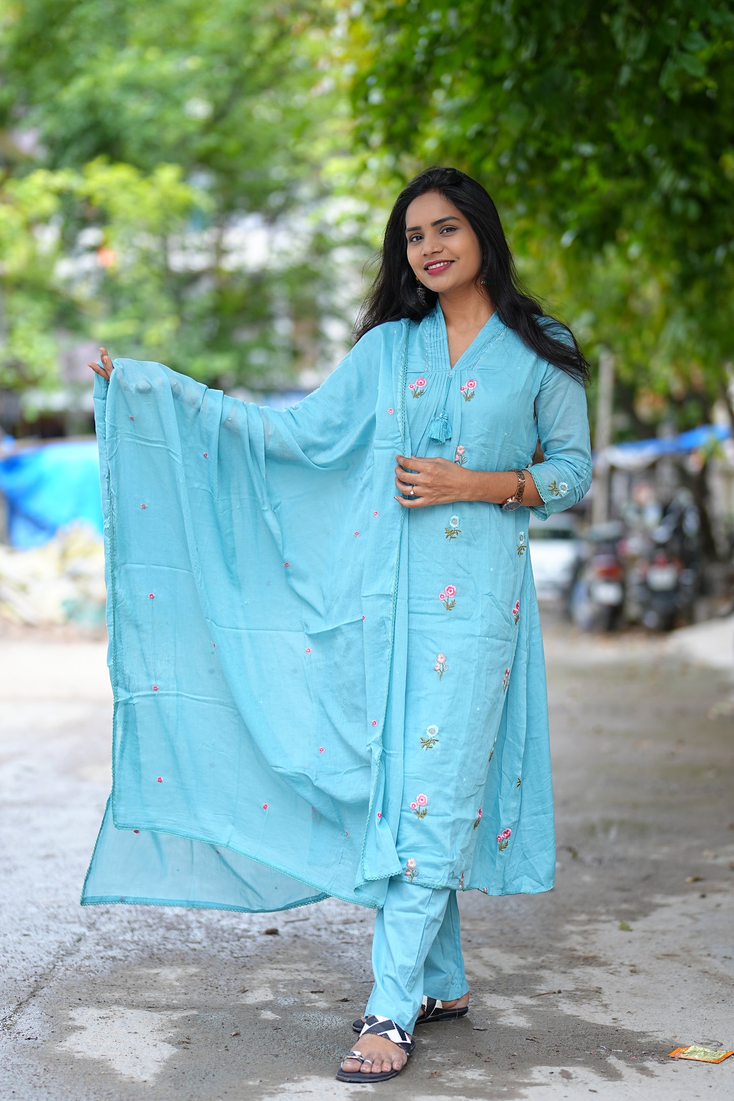 Sky Blue Color Pure Mul Mul Cotton Anarkali 3 Piece Set With Complete Lining