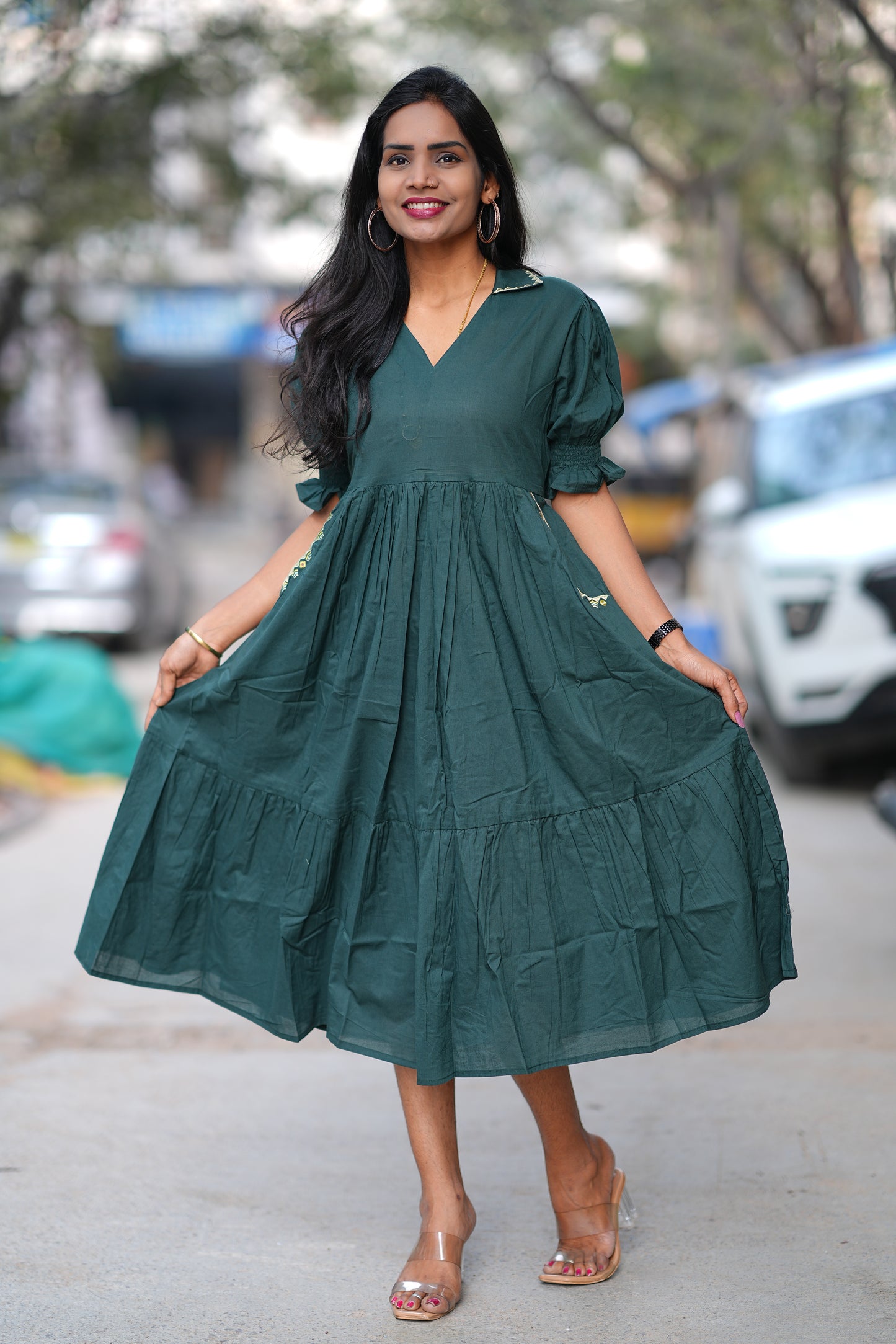 Bottle Green Color Daily Wear Frock Without Lining