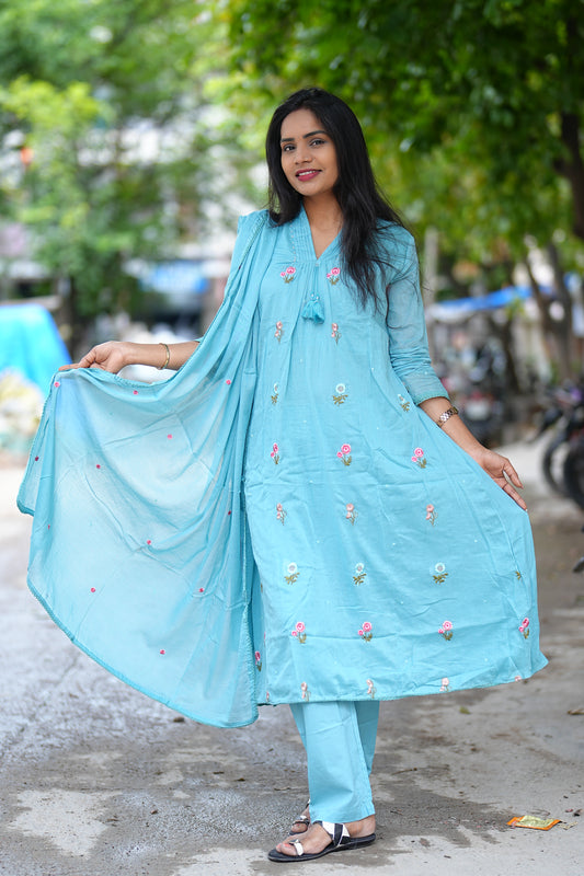 Sky Blue Color Pure Mul Mul Cotton Anarkali 3 Piece Set With Complete Lining
