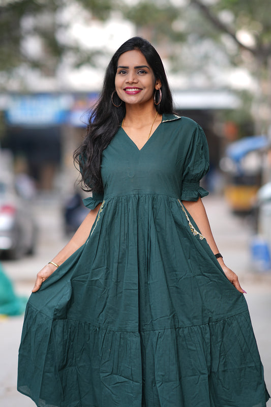 Bottle Green Color Daily Wear Frock Without Lining
