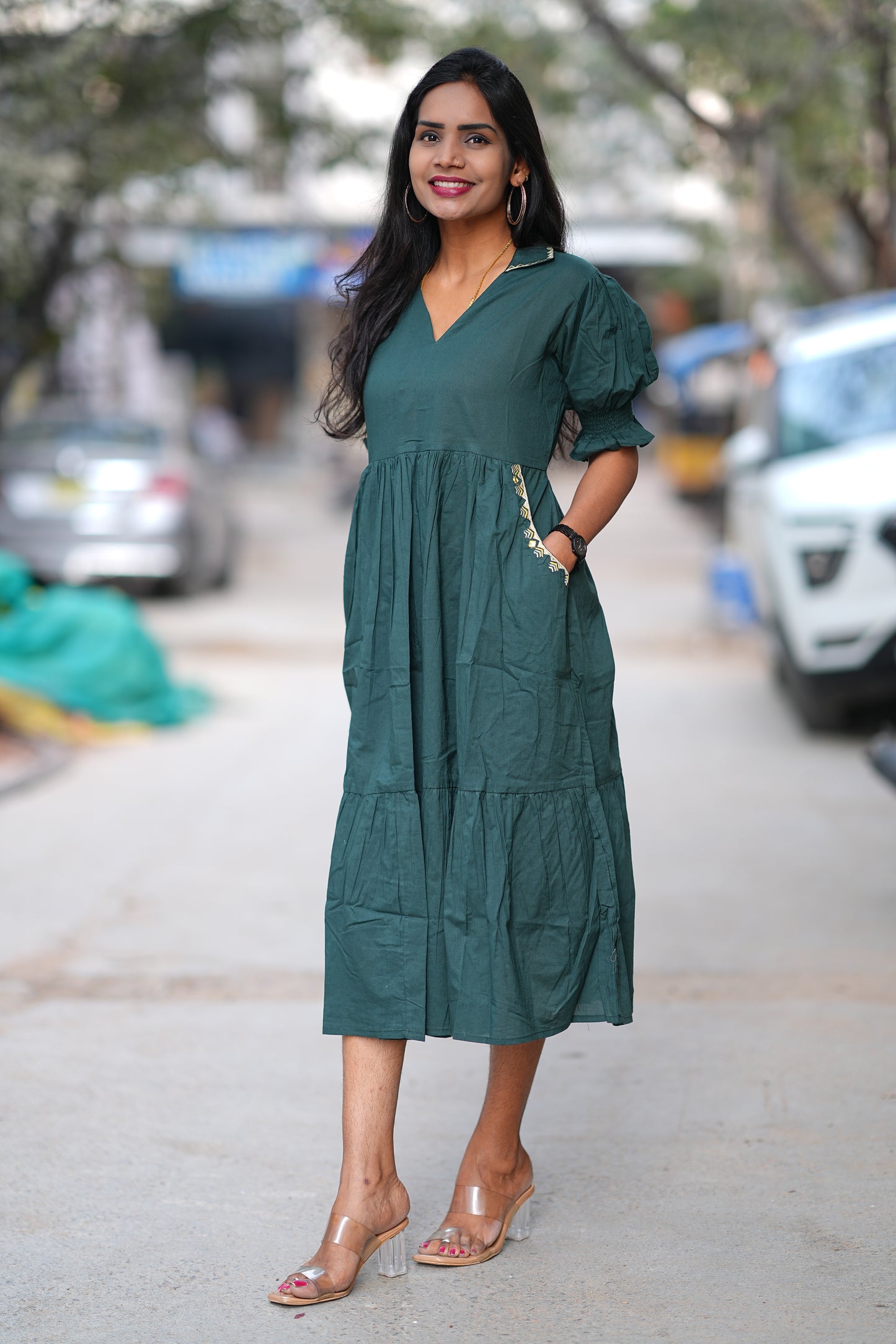 Bottle Green Color Daily Wear Frock Without Lining