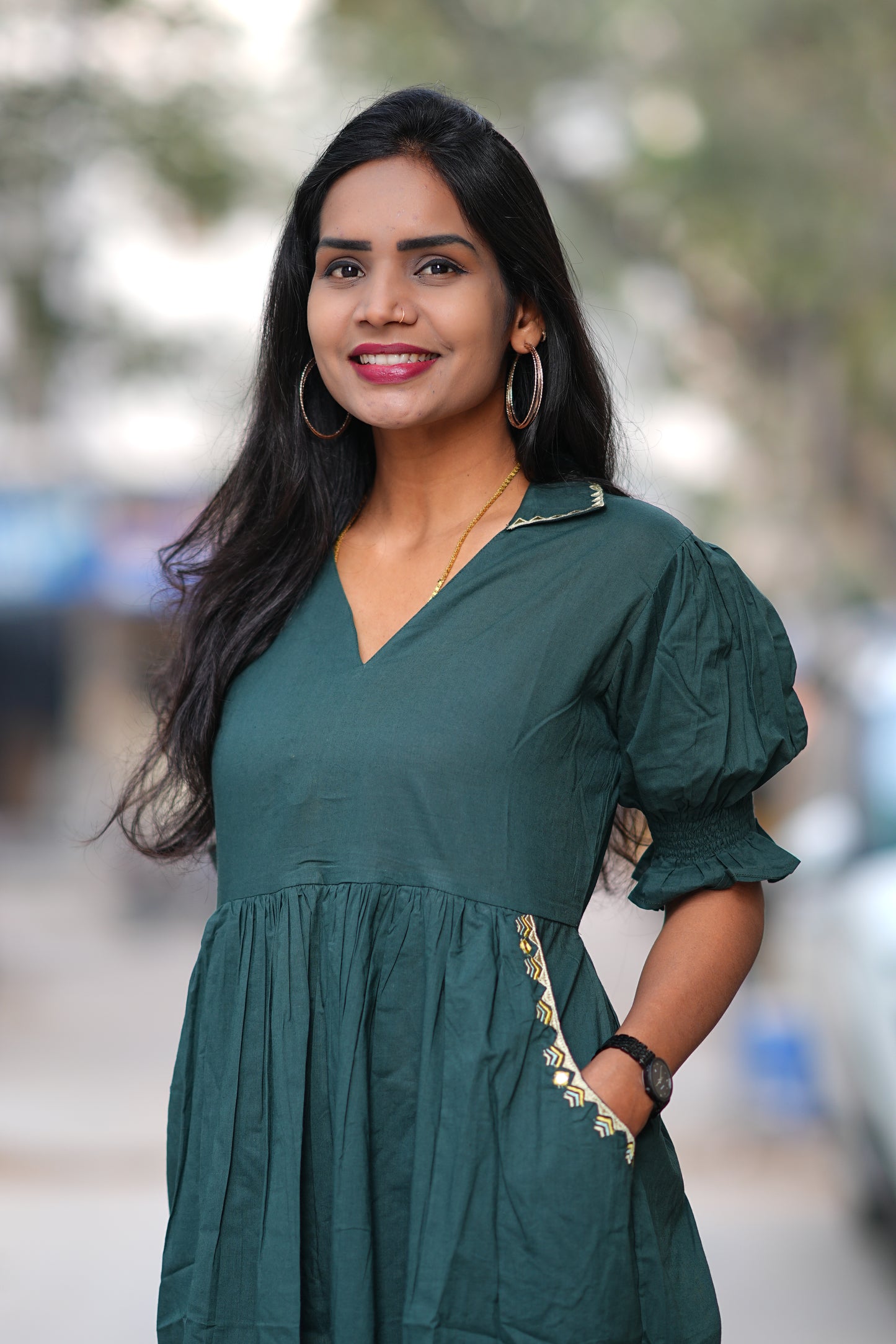 Bottle Green Color Daily Wear Frock Without Lining