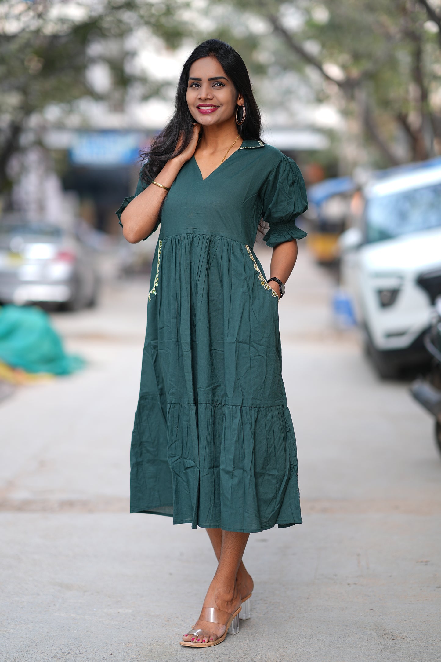 Bottle Green Color Daily Wear Frock Without Lining