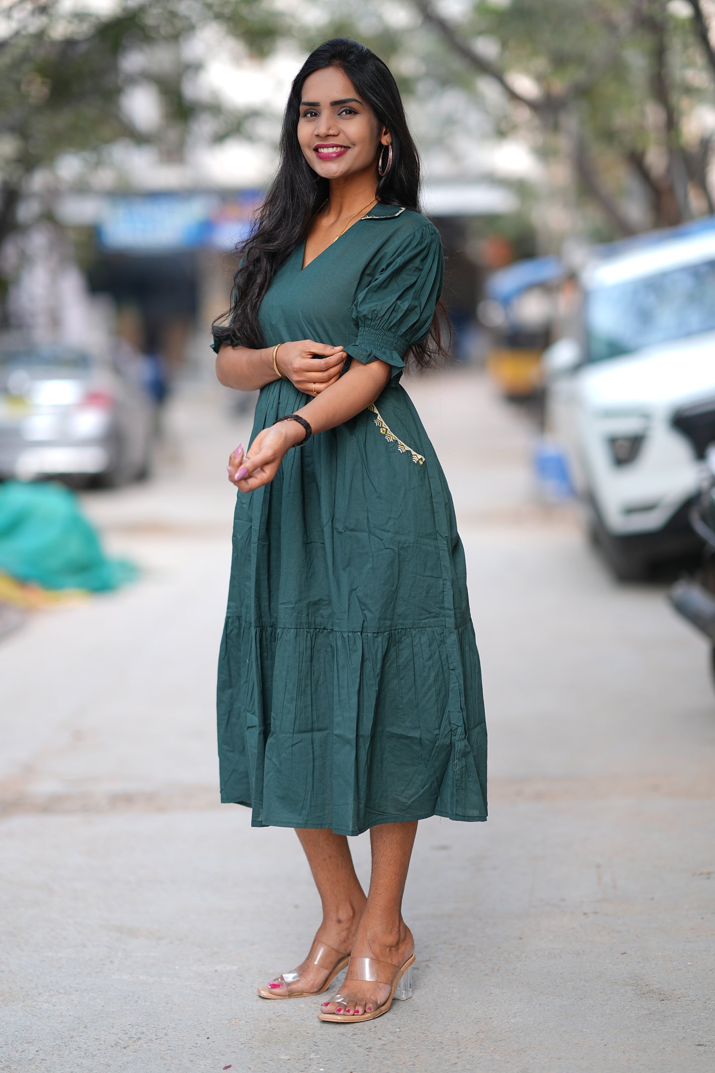 Bottle Green Color Daily Wear Frock Without Lining
