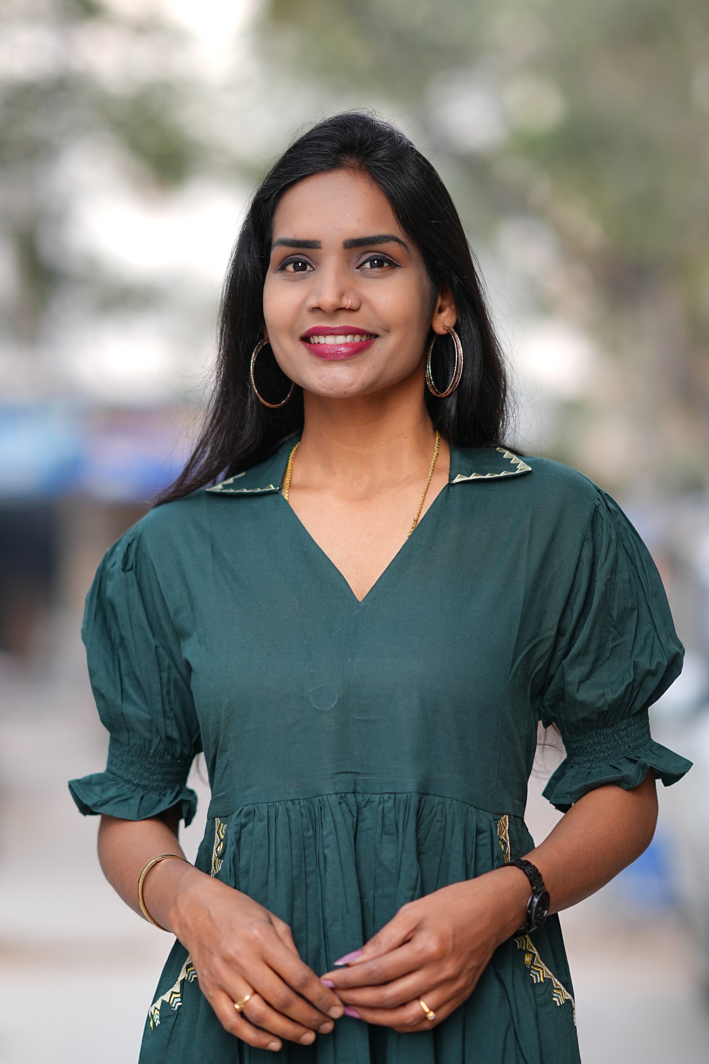 Bottle Green Color Daily Wear Frock Without Lining