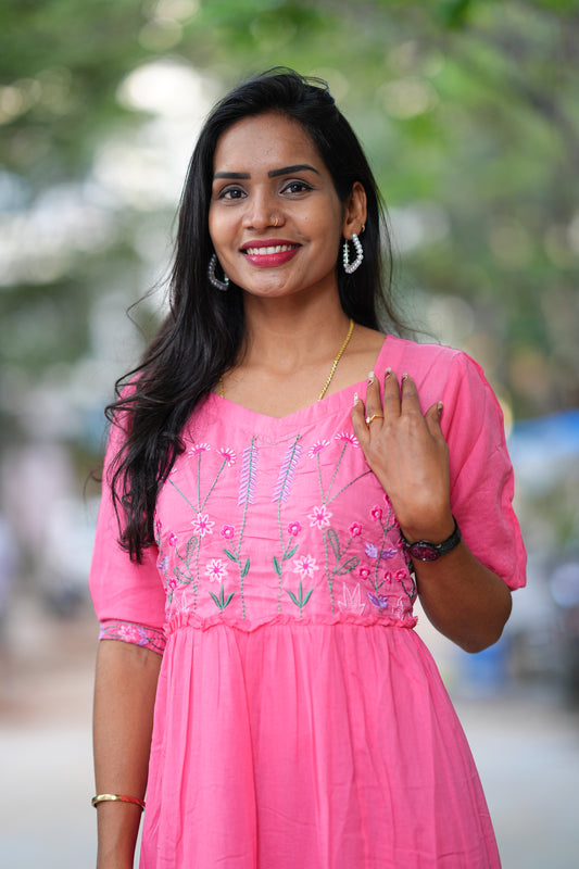 Baby Pink Color Mul Mul Cotton Frok With Thread Work and Complete Lining