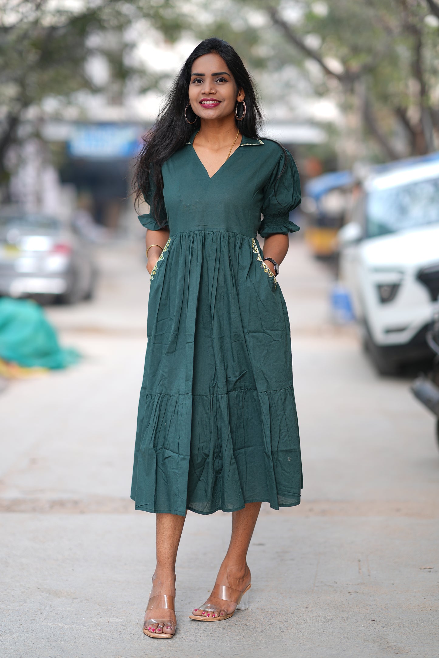 Bottle Green Color Daily Wear Frock Without Lining