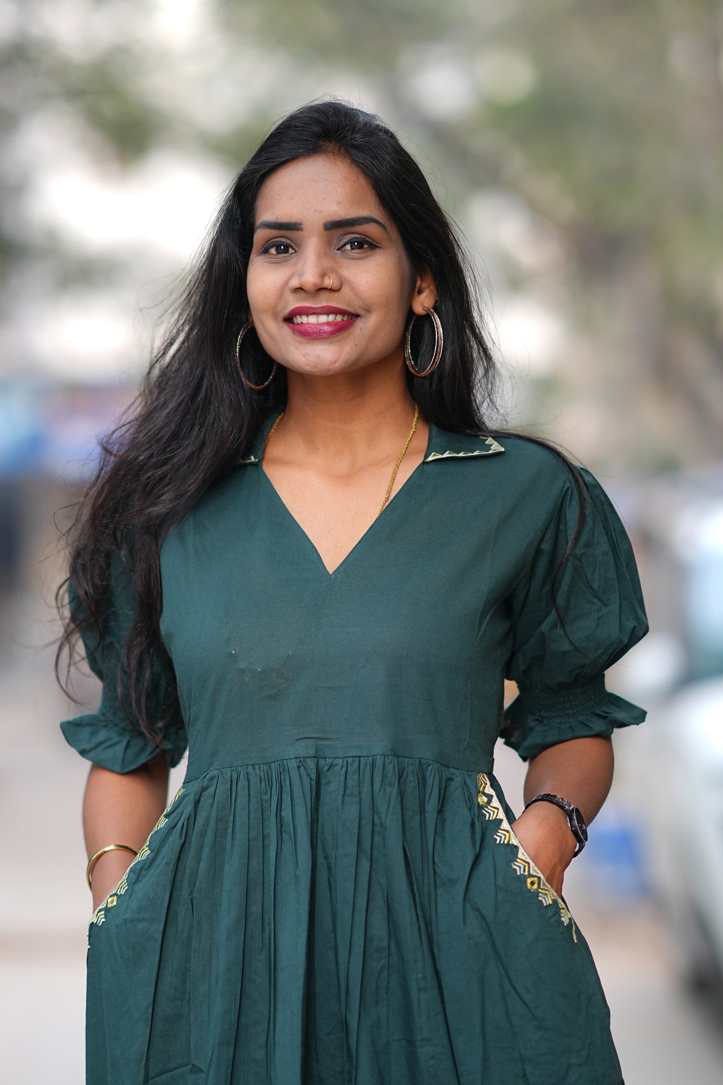 Bottle Green Color Daily Wear Frock Without Lining