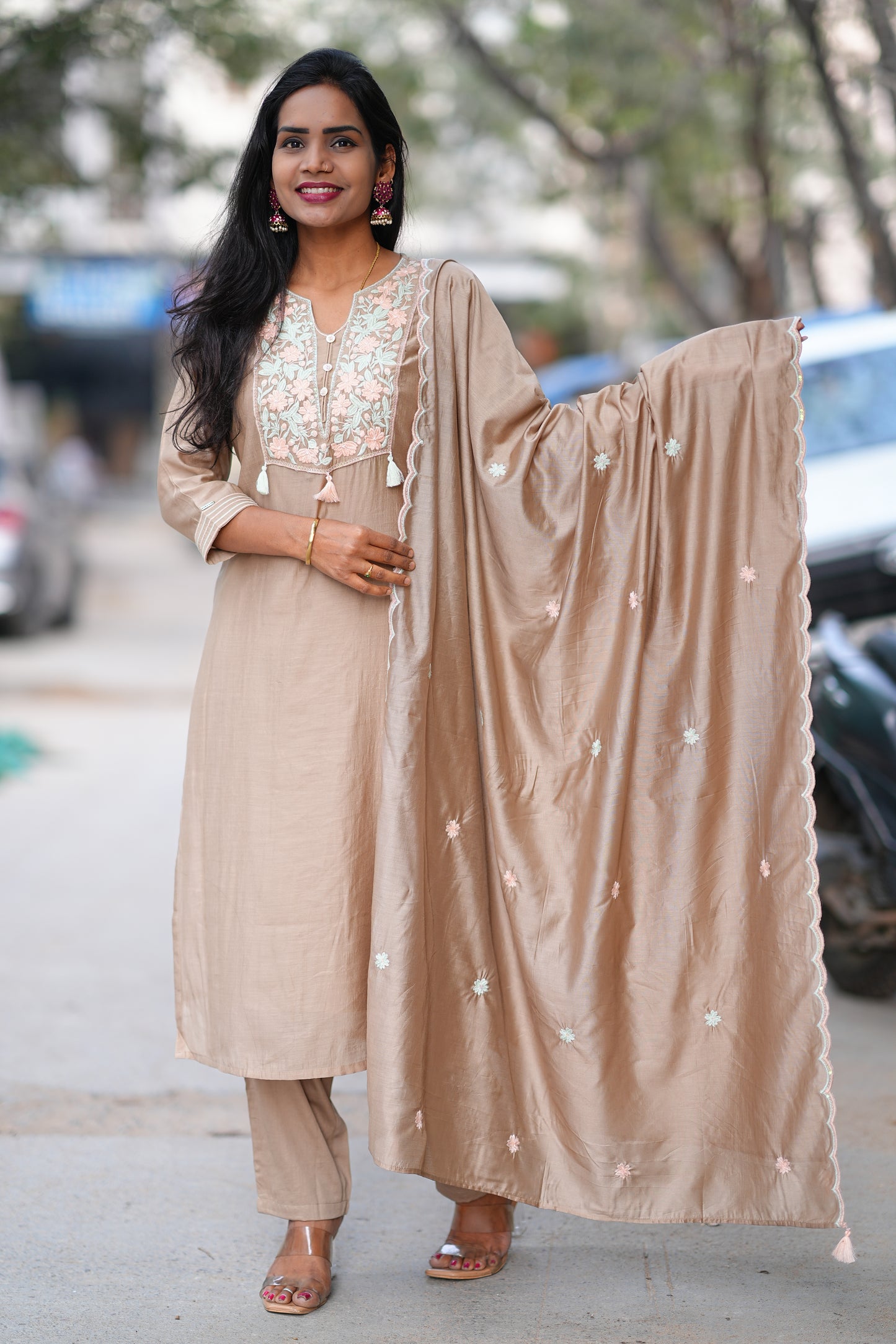 Brown Color Viscose Fabric Festive Wear 3 Piece Set
