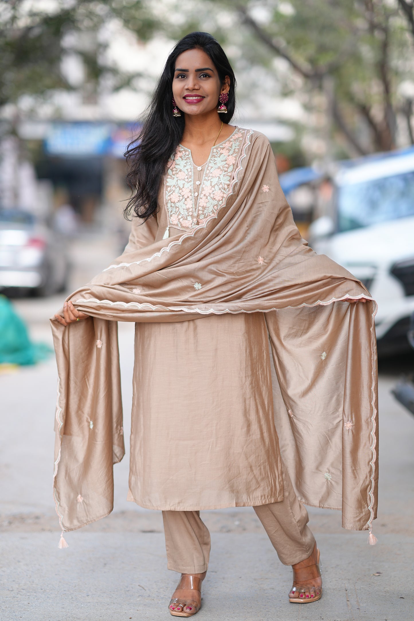 Brown Color Viscose Fabric Festive Wear 3 Piece Set
