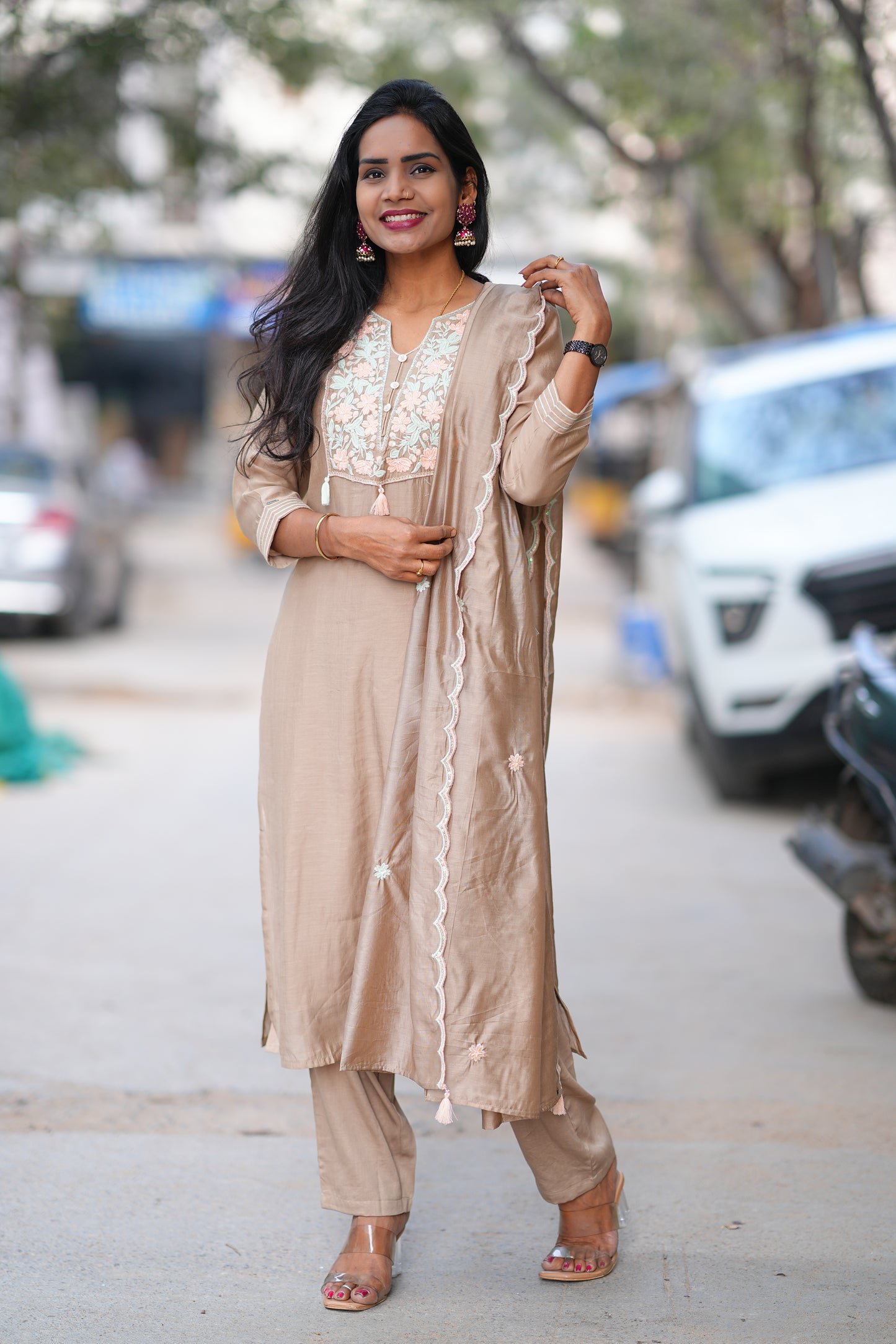 Brown Color Viscose Fabric Festive Wear 3 Piece Set