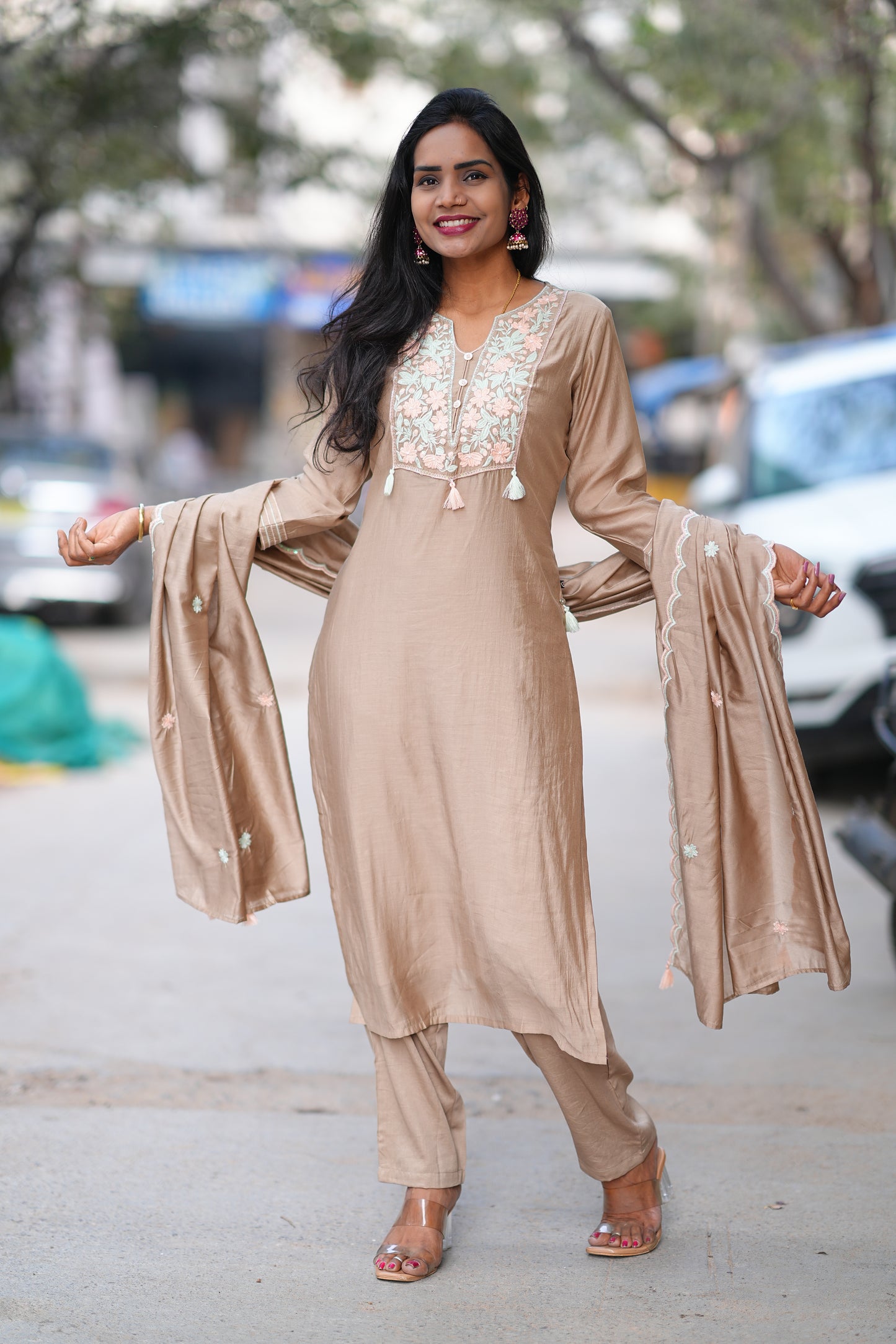 Brown Color Viscose Fabric Festive Wear 3 Piece Set