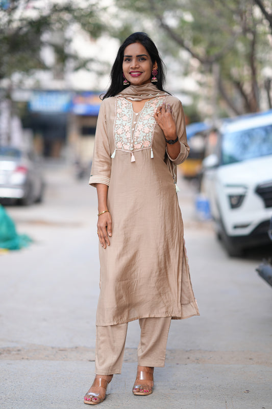 Brown Color Viscose Fabric Festive Wear 3 Piece Set