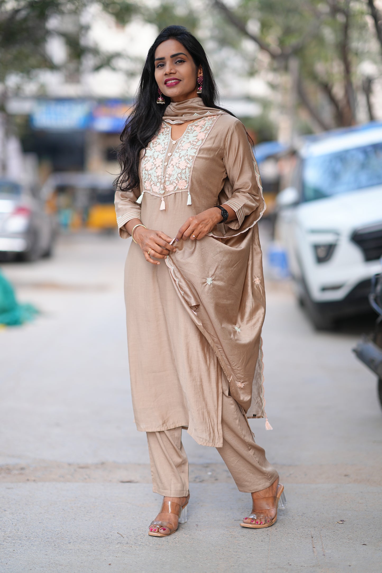 Brown Color Viscose Fabric Festive Wear 3 Piece Set