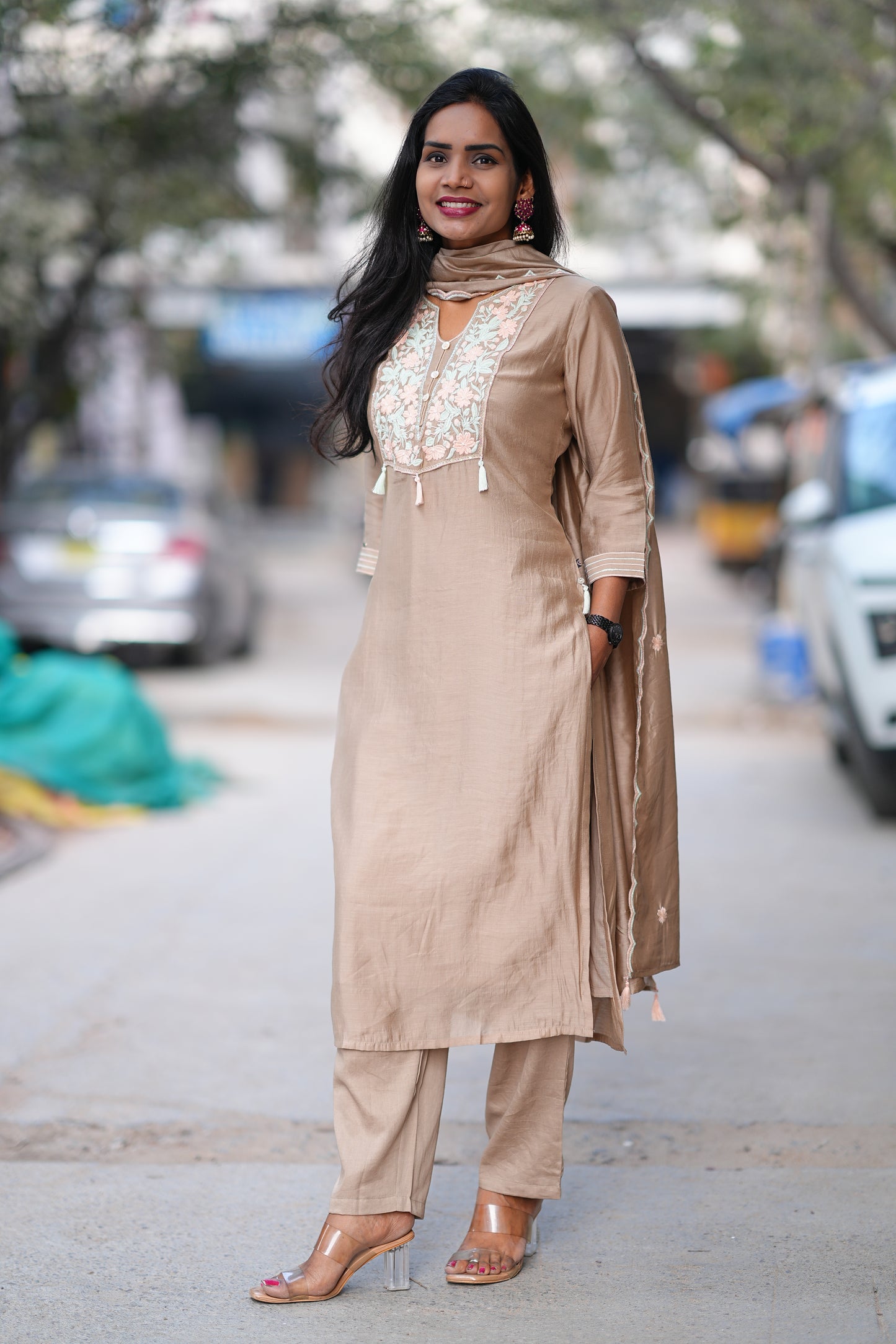 Brown Color Viscose Fabric Festive Wear 3 Piece Set