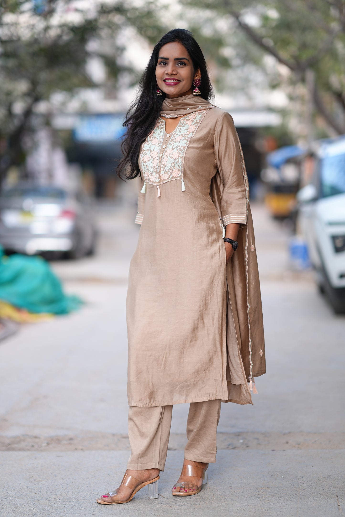 Brown Color Viscose Fabric Festive Wear 3 Piece Set