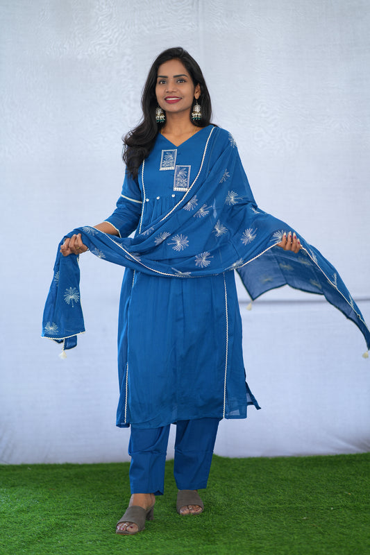 Blue Viscose Fabric Party Wear 3 Piece set With Lining and Embroidery work