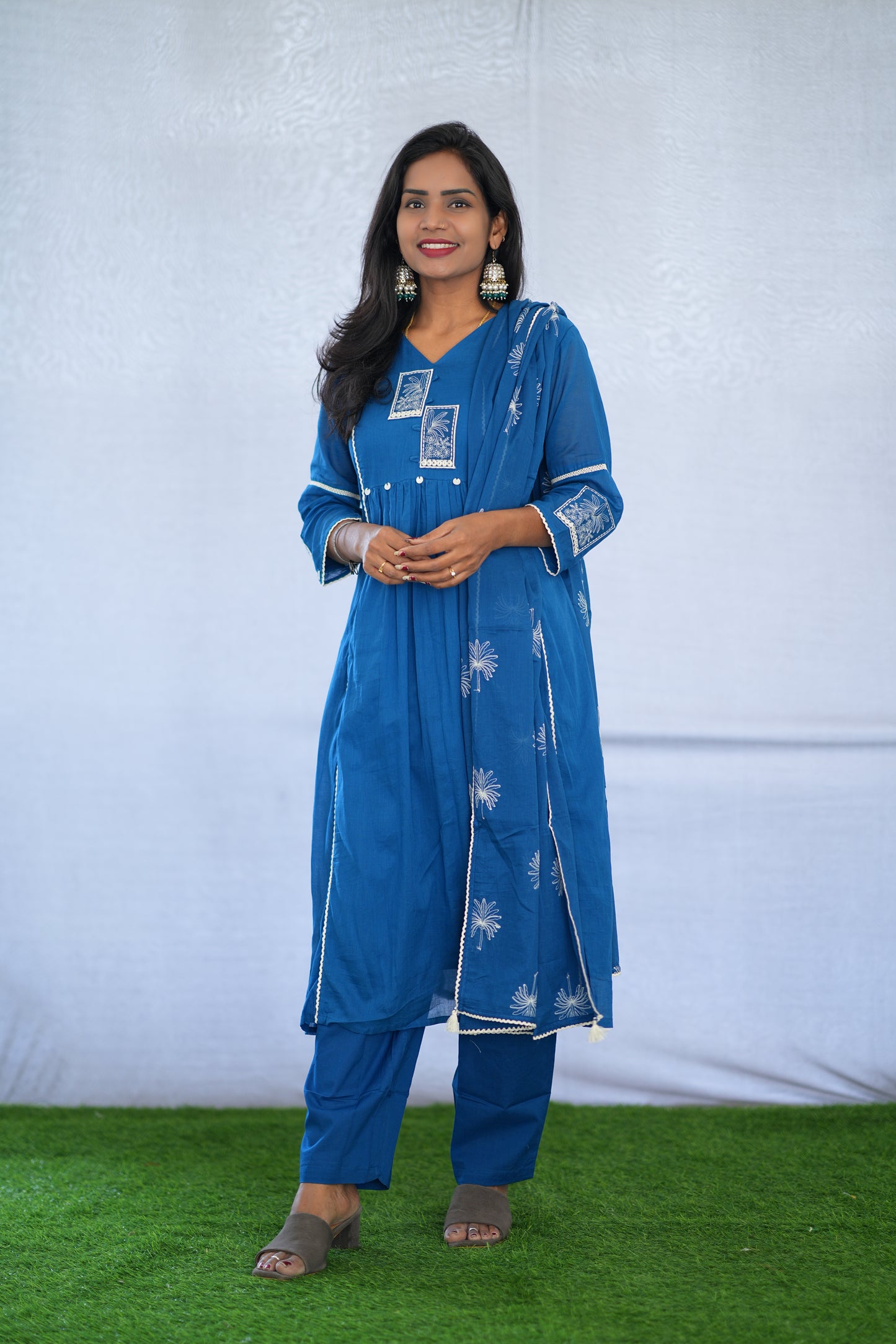 Blue Viscose Fabric Party Wear 3 Piece set With Lining and Embroidery work